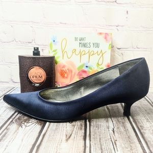 navy satin kitten heels